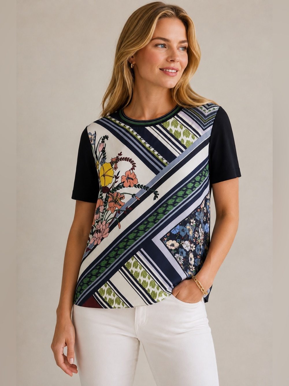 Tory Burch Silk Front Mixed Print Floral Striped Short Sleeve Top Size Large
